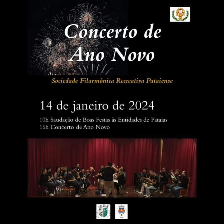 Cartaz da Sociedade Filarmónica Recreativa Pataiense para um Concerto de Ano Novo, marcado para 14 de janeiro de 2024. Anuncia uma saudação de boas festas às entidades de Pataias às 10h e o concerto às 16h.