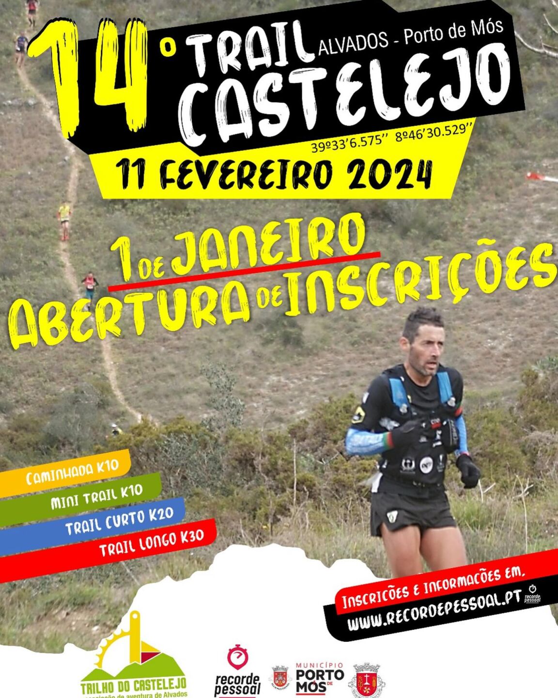 Cartaz do 14.º Trail Castelejo, em Alvados, Porto de Mós, marcado para 11 de fevereiro de 2024. Anuncia a abertura das inscrições em 1 de janeiro e percursos de caminhada e trail.