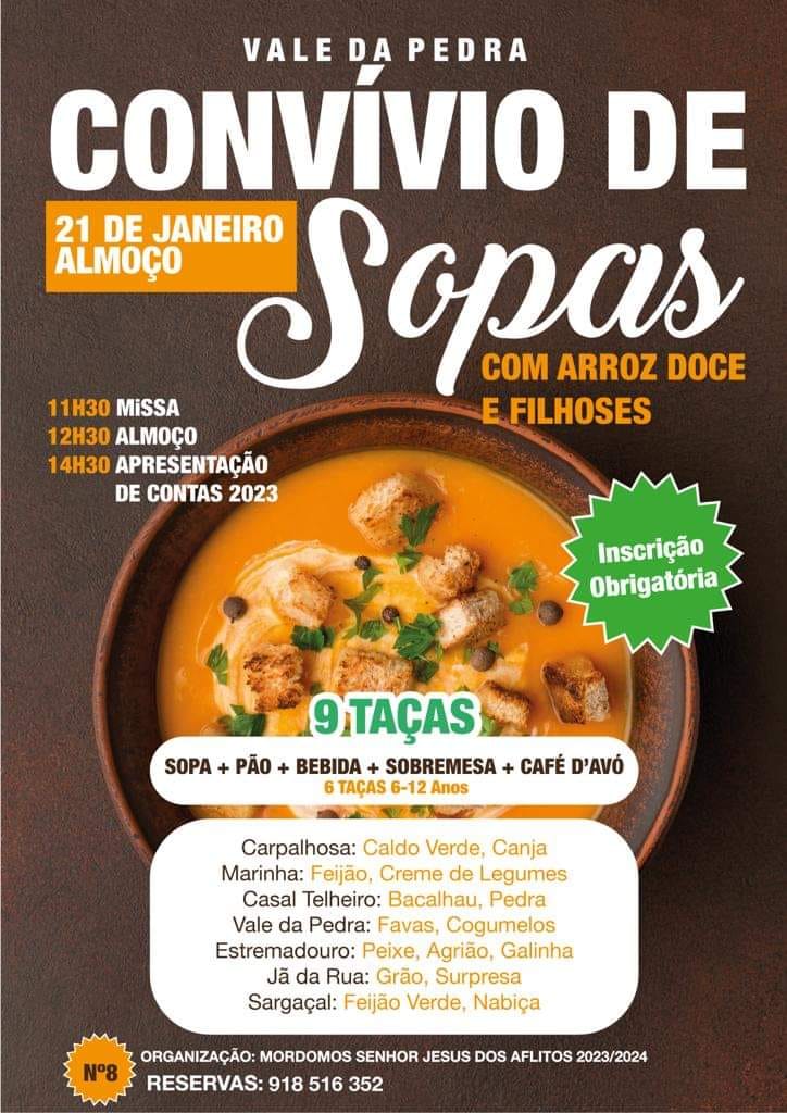 Cartaz de um convívio de sopas em Vale da Pedra, marcado para 21 de janeiro, com missa, almoço e apresentação de contas. Indica inscrição obrigatória e divulga as sopas disponíveis.