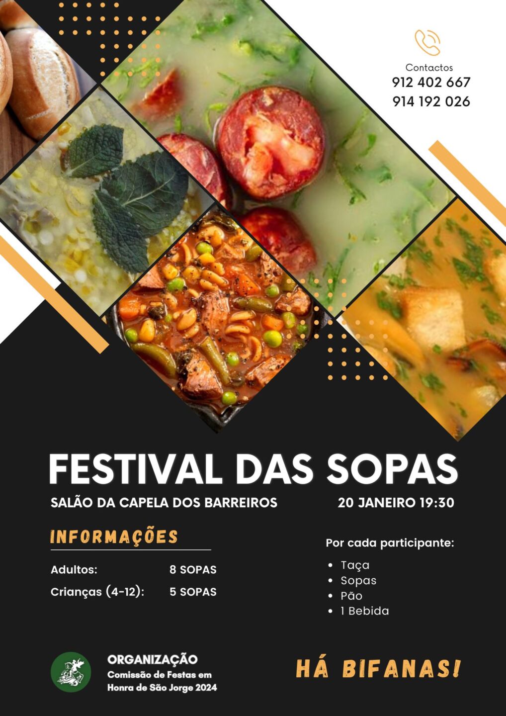 Cartaz do Festival das Sopas, anunciado para 20 de janeiro, às 19h30, no Salão da Capela dos Barreiros. Apresenta fotografias de sopas e indica como organização a Comissão de Festas em Honra de São Jorge 2024.