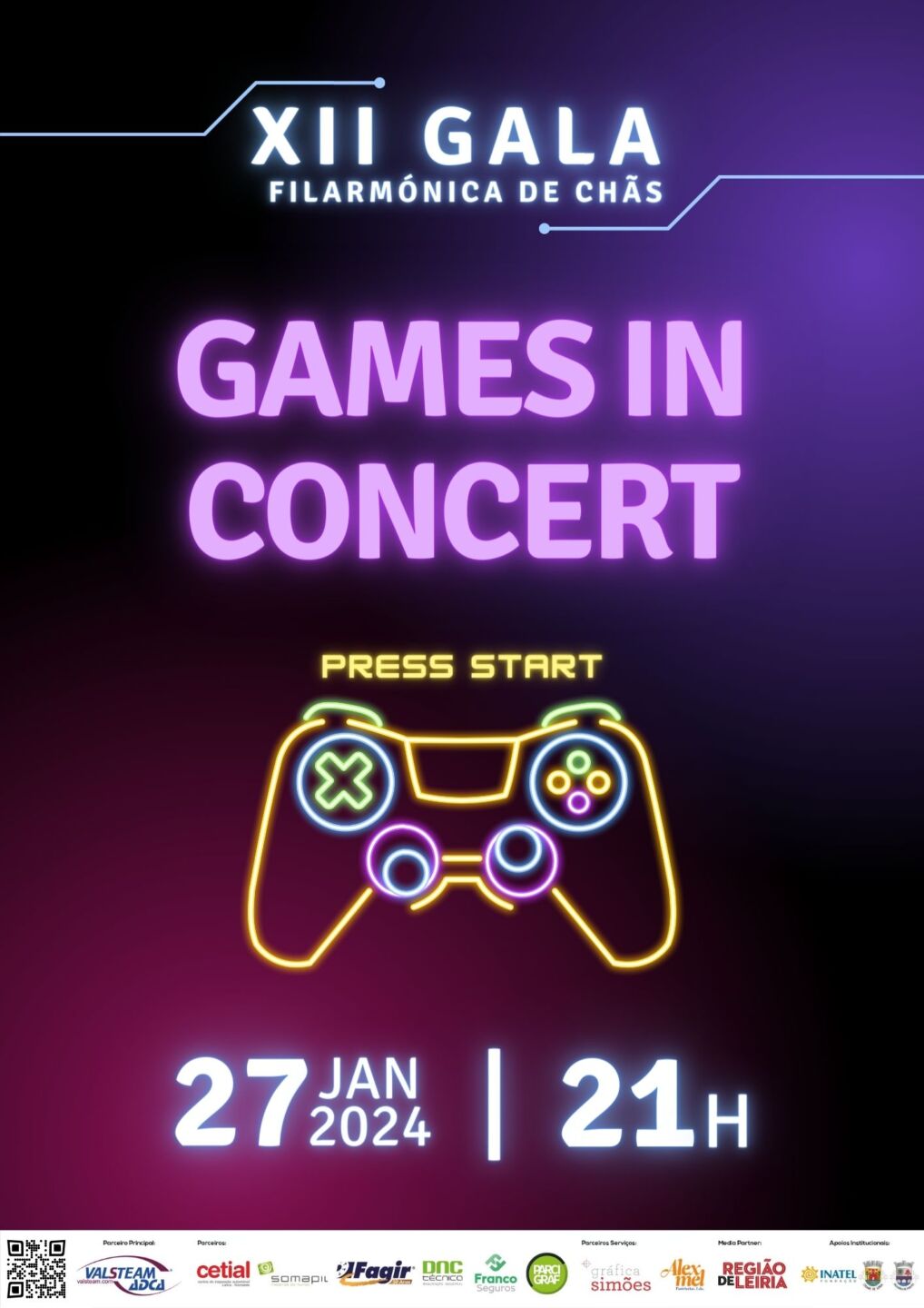 Cartaz da XII Gala Filarmónica de Chãs, com o tema «Games in Concert». Anuncia o evento para 27 de janeiro de 2024, às 21h, e apresenta a ilustração de um comando de videojogos.