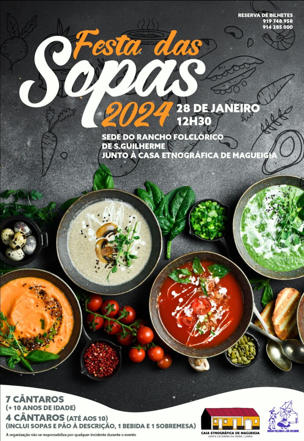 Cartaz da Festa das Sopas 2024, marcada para 28 de janeiro, às 12h30, na sede do Rancho Folclórico de S. Guilherme, junto à Casa Etnográfica de Magueigia. O cartaz apresenta fotografias de sopas e informações sobre a reserva de bilhetes.