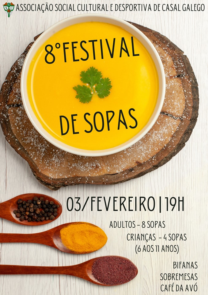 Cartaz da Associação Social Cultural e Desportiva de Casal Galego para o 8.º Festival de Sopas, anunciado para 3 de fevereiro às 19h. Indica oito sopas para adultos e quatro para crianças dos 6 aos 11 anos, além de bifanas, sobremesas e café da avó.