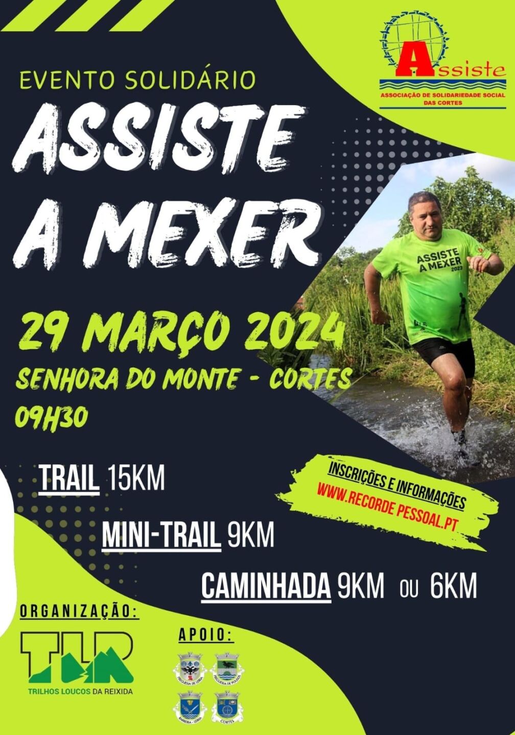 Cartaz do evento solidário «Assiste a Mexer», marcado para 29 de março de 2024, às 09h30, em Senhora do Monte – Cortes. Anuncia trail de 15 km, mini-trail de 9 km e caminhadas de 9 km ou 6 km.
