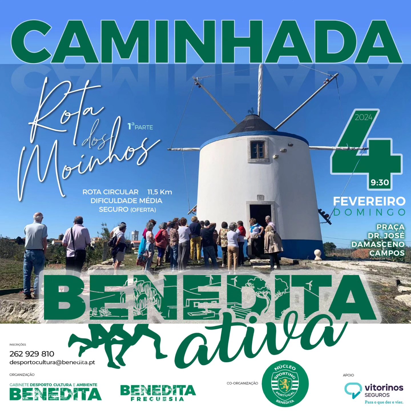 Cartaz de uma caminhada da Benedita Ativa pela Rota dos Moinhos, ilustrado com um moinho e um grupo de pessoas. O evento está anunciado para domingo, 4 de fevereiro de 2024, às 9h30, com partida da Praça Dr. José Damasceno Campos.