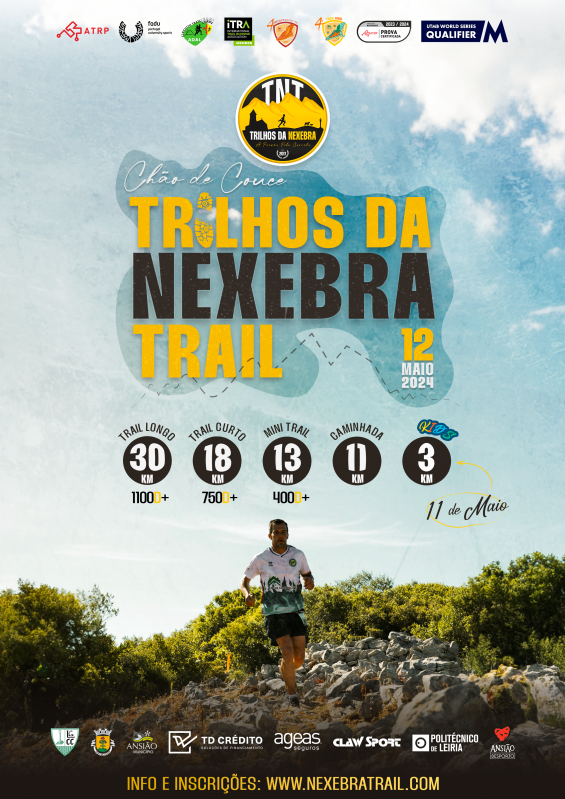 Cartaz da prova Trilhos da Nexebra Trail, em Chão de Couce, marcada para 12 de maio de 2024. Apresenta percursos de trail, caminhada e uma prova de 3 km, com um corredor fotografado num trilho rochoso.