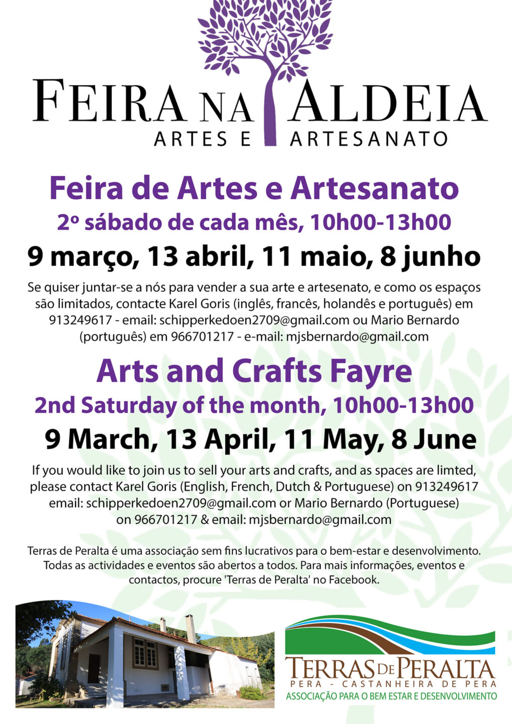 Cartaz bilingue da Feira na Aldeia, uma feira de artes e artesanato anunciada para o segundo sábado de cada mês, das 10h00 às 13h00. Apresenta as datas de 9 de março, 13 de abril, 11 de maio e 8 de junho, sem indicar o ano.