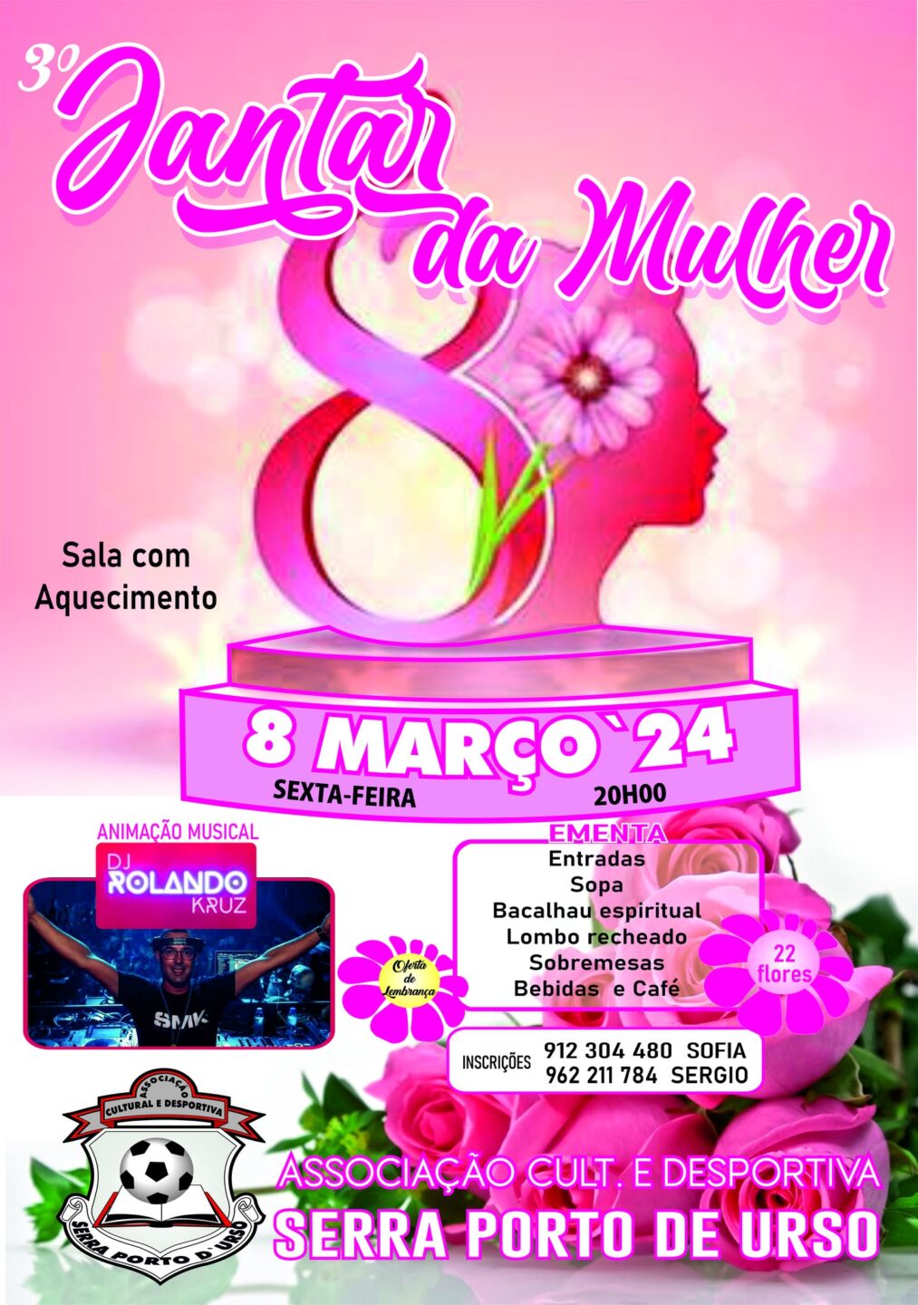 Cartaz do 3.º Jantar da Mulher, marcado para 8 de março de 2024, às 20h00. Anuncia jantar e animação musical, organizado pela Associação Cultural e Desportiva Serra Porto de Urso.