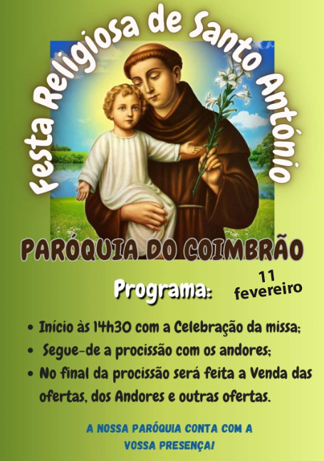 Cartaz da Festa Religiosa de Santo António, na Paróquia do Coimbrão, marcada para 11 de fevereiro. O programa anuncia missa às 14h30, procissão e venda de ofertas.