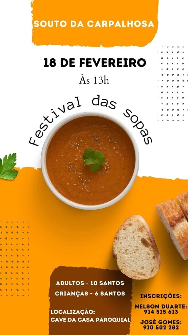 Cartaz do Festival das Sopas em Souto da Carpalhosa, anunciado para 18 de fevereiro, às 13h. Indica preços para adultos e crianças, localização na Cave da Casa Paroquial e contactos para inscrições.