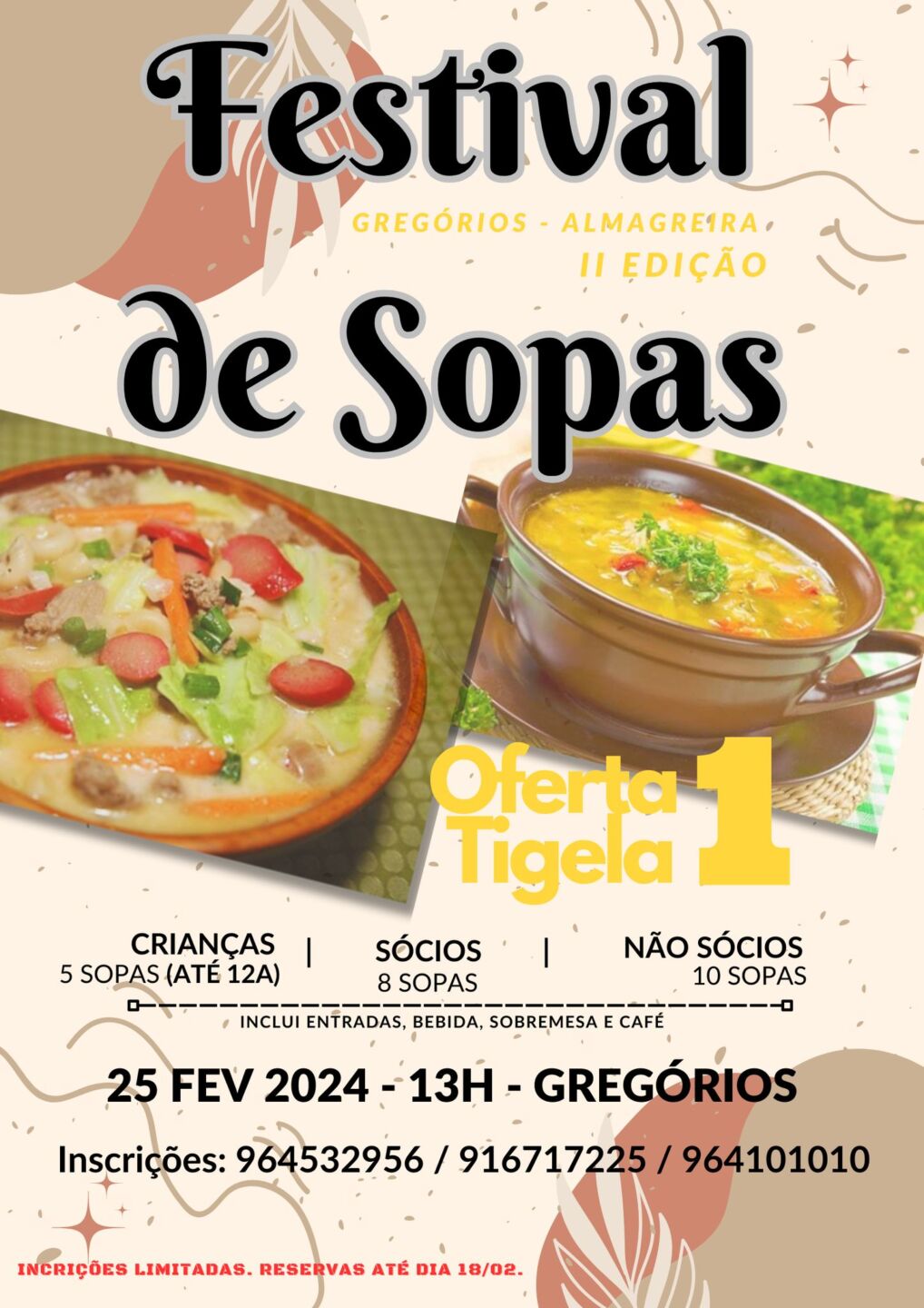 Cartaz do Festival de Sopas de Gregórios-Almagreira, na II edição, marcado para 25 de fevereiro de 2024, às 13h, em Gregórios. Anuncia uma oferta de uma tigela e inscrições limitadas.