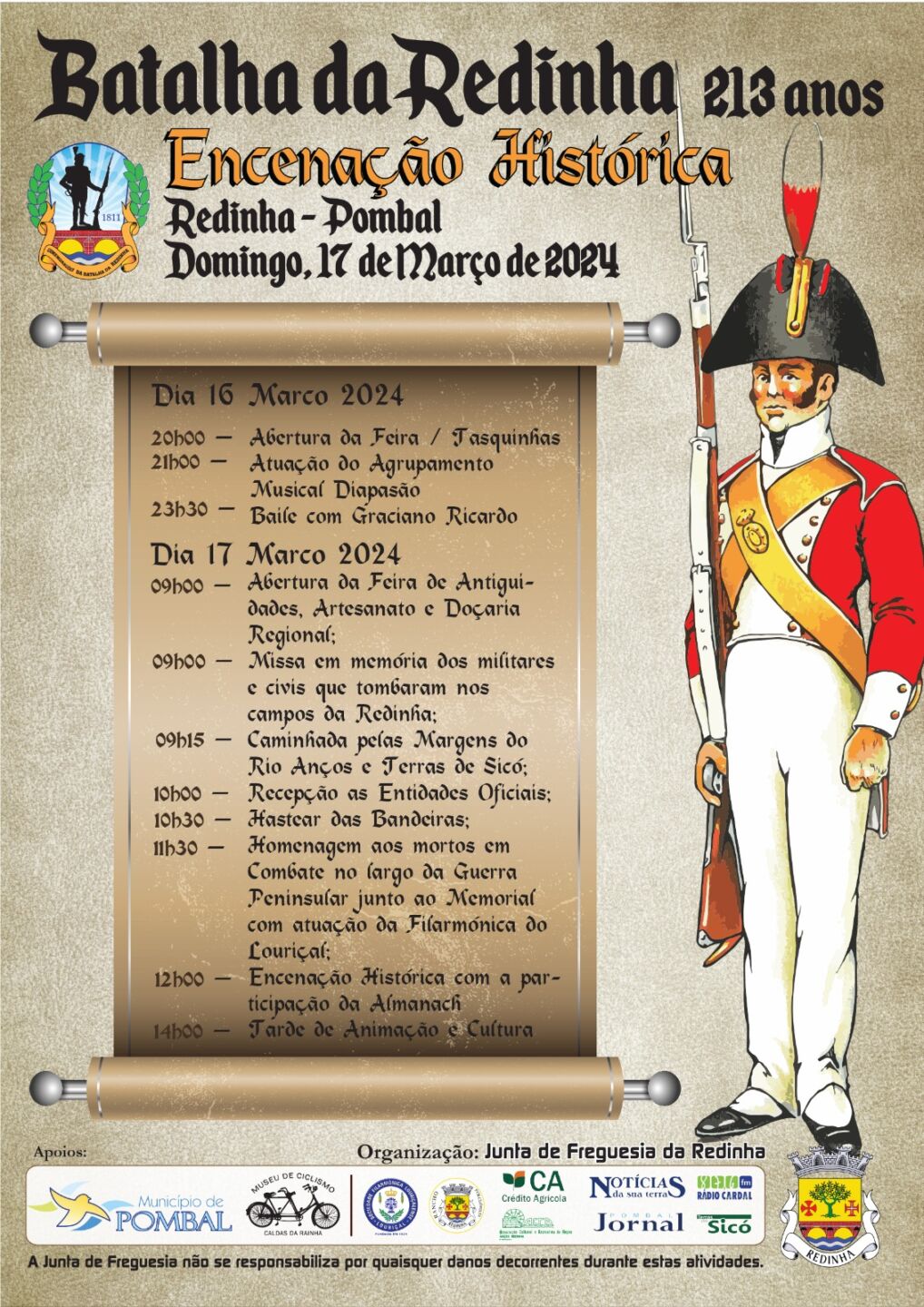 Cartaz da Batalha da Redinha, anunciada como encenação histórica em Redinha-Pombal, a 17 de março de 2024. Apresenta o programa dos dias 16 e 17 de março, com feira, homenagens e atividades culturais, junto a uma ilustração de um militar de época.