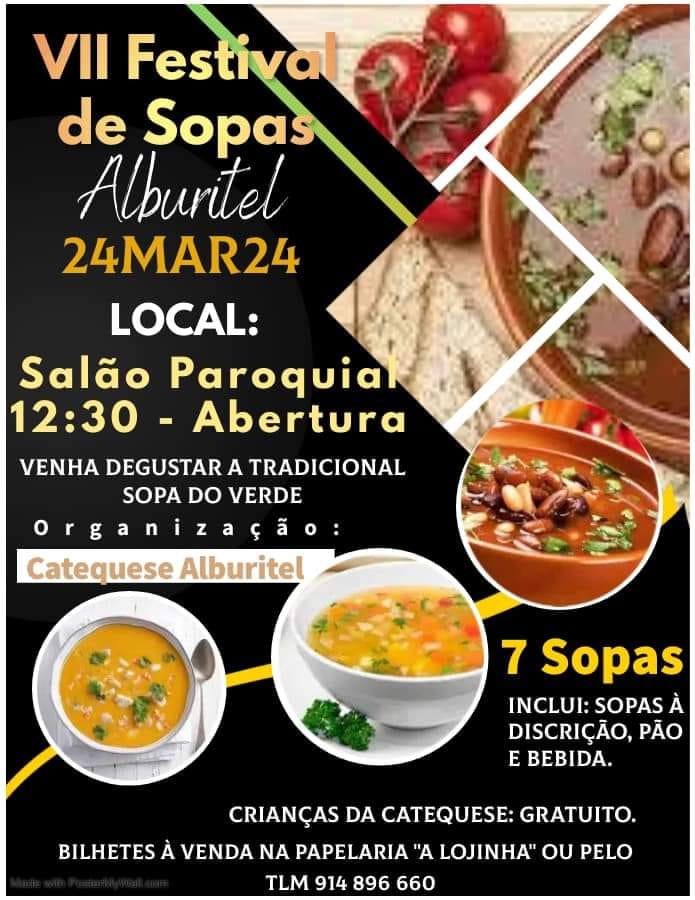 Cartaz do VII Festival de Sopas de Alburitel, anunciado para 24 de março de 2024 no Salão Paroquial, com abertura às 12h30. O evento, organizado pela Catequese de Alburitel, anuncia sete sopas, pão e bebida.
