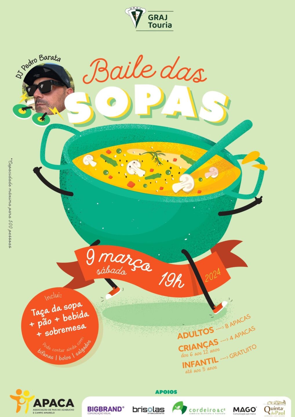 Cartaz da GRA Touria para o evento «Baile das Sopas», com DJ Pedro Barata, marcado para sábado, 9 de março de 2024, às 19h. Indica preços para adultos e crianças e entrada gratuita para menores até aos 5 anos.