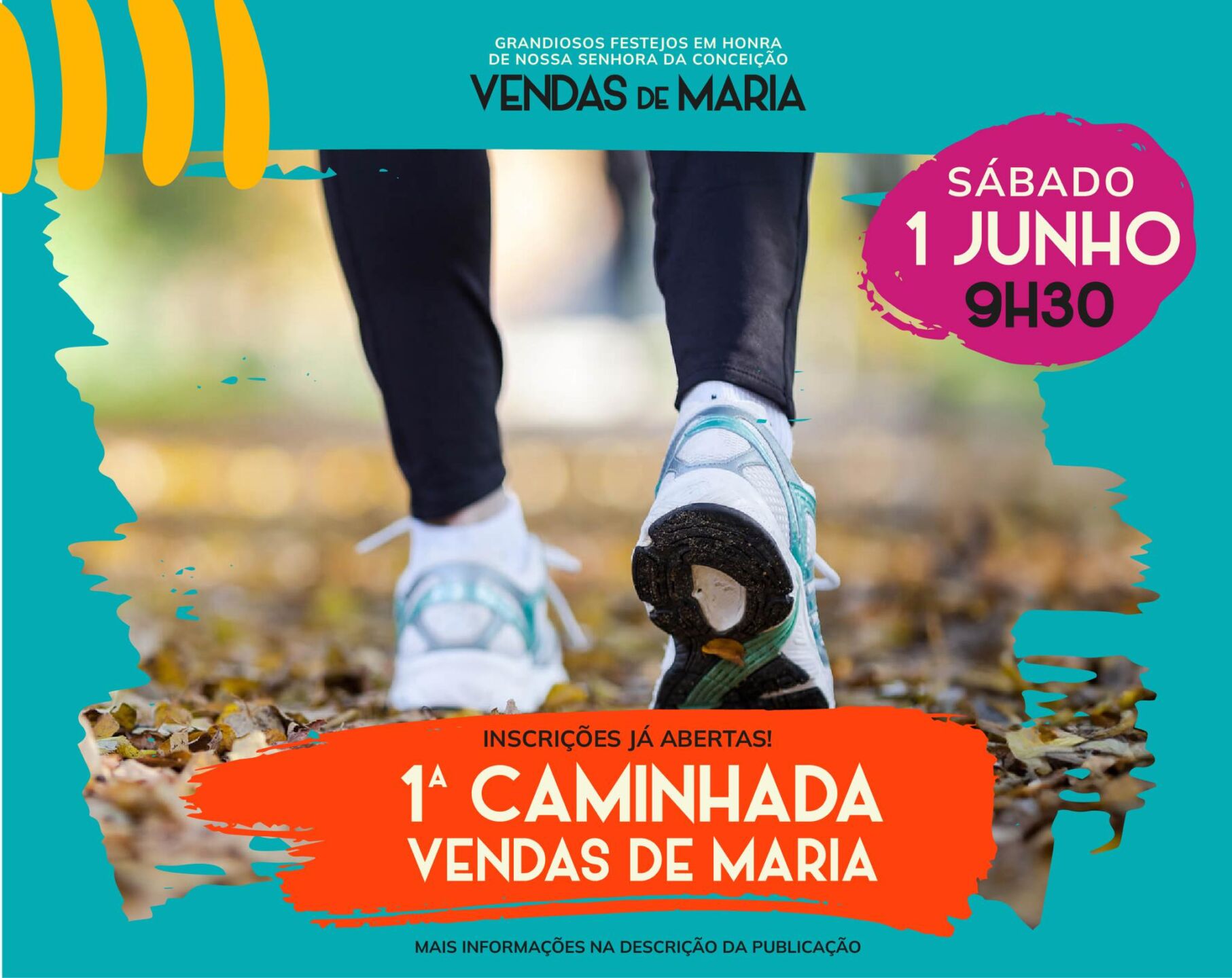 Cartaz da 1.ª Caminhada Vendas de Maria, integrada nos festejos em honra de Nossa Senhora da Conceição. Anuncia inscrições abertas e indica sábado, 1 de junho, às 9h30.