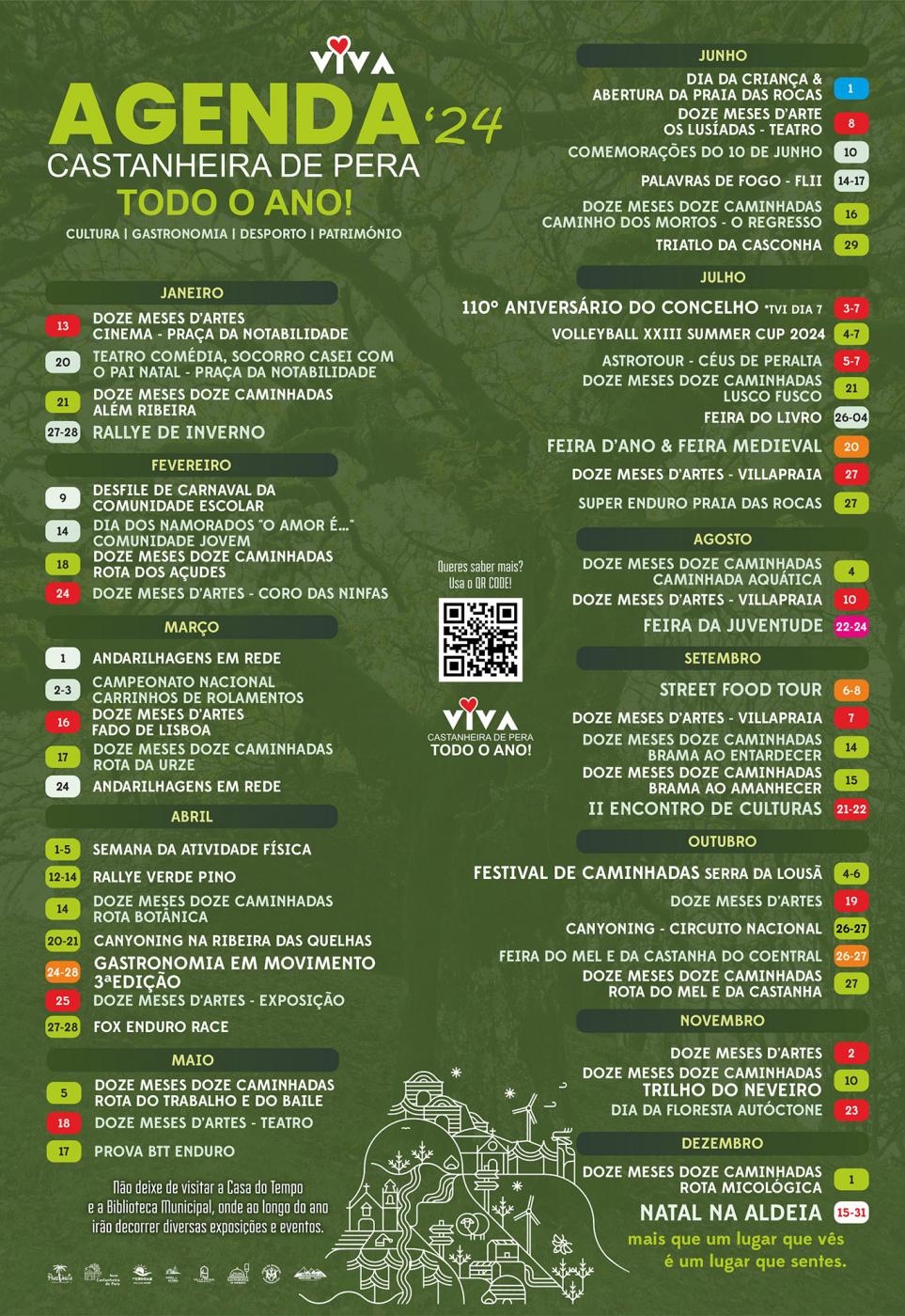 Cartaz da Agenda 2024 de Castanheira de Pera, com eventos culturais, gastronómicos e desportivos organizados por mês. Inclui datas e locais de várias atividades ao longo do ano.