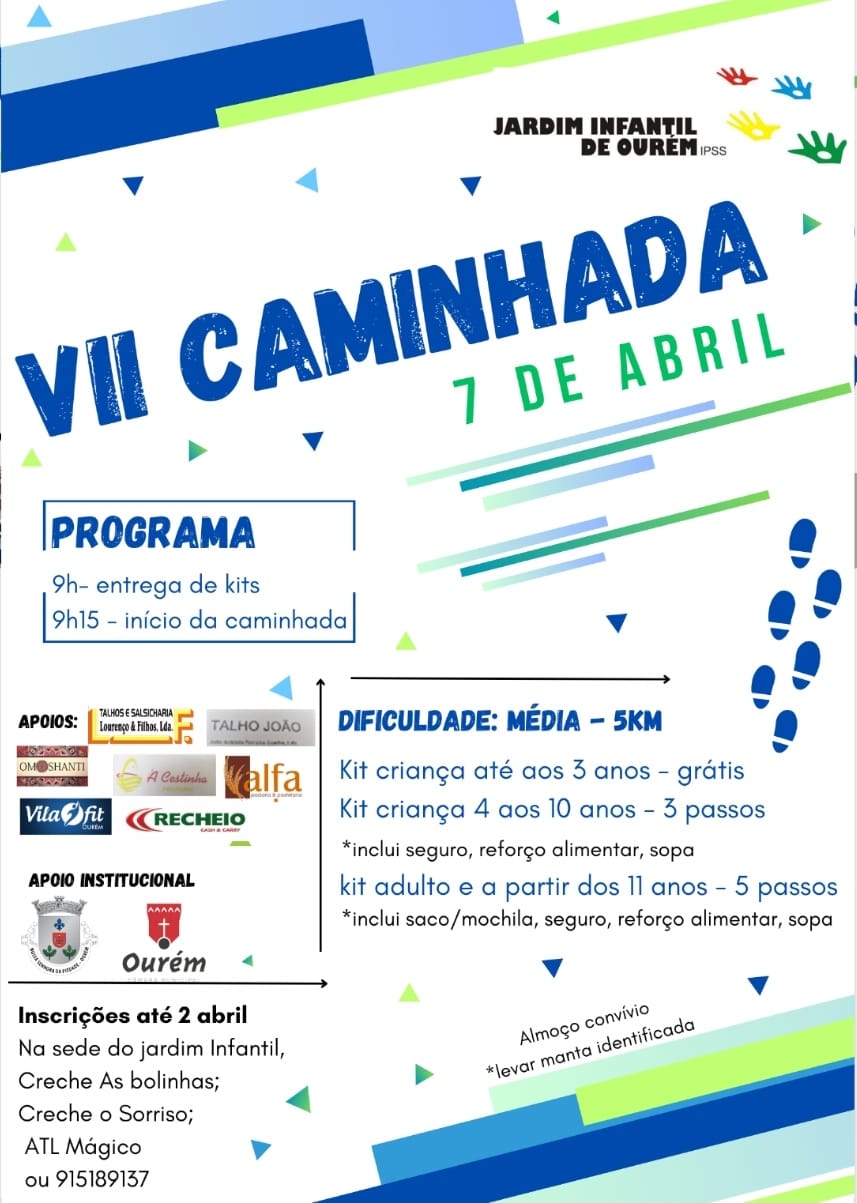 Cartaz da VII Caminhada do Jardim Infantil de Ourém, marcada para 7 de abril. Apresenta o programa, um percurso de 5 km e informações sobre os kits e as inscrições.