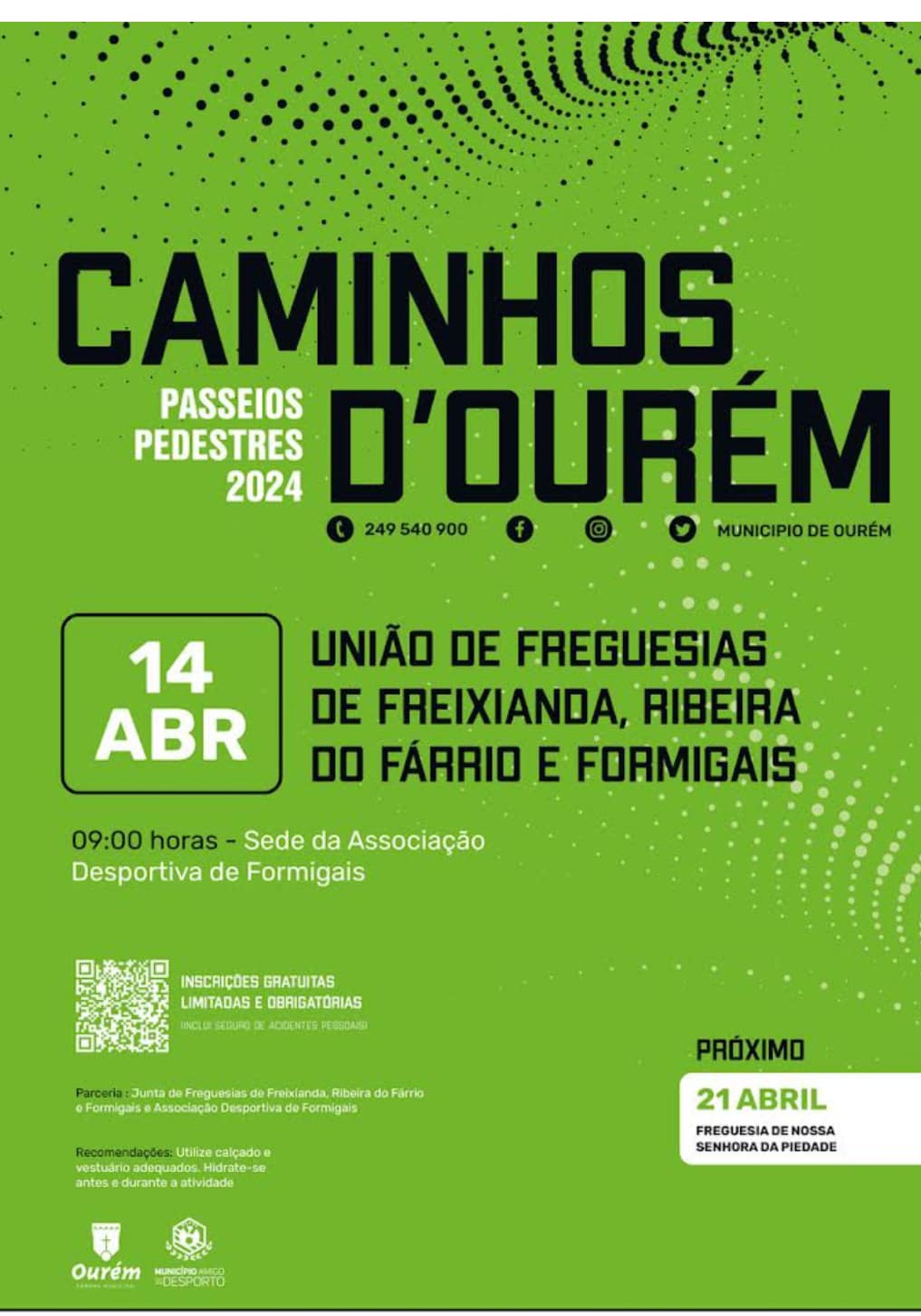 Cartaz dos Caminhos d’Ourém 2024 a anunciar um passeio pedestre em 14 de abril, na União de Freguesias de Freixianda, Ribeira do Fárrio e Formigais. A partida está indicada para as 09:00, na sede da Associação Desportiva de Formigais.