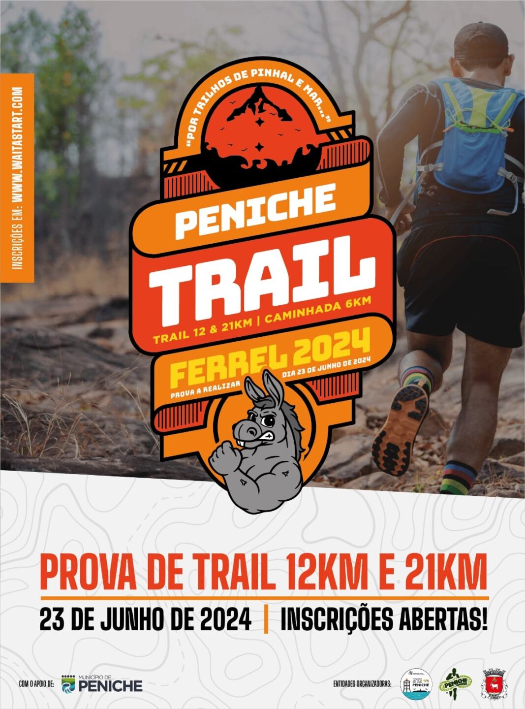 Cartaz promocional do Peniche Trail, anunciado para 23 de junho de 2024. Divulga provas de trail de 12 e 21 km, uma caminhada de 6 km e inscrições abertas.