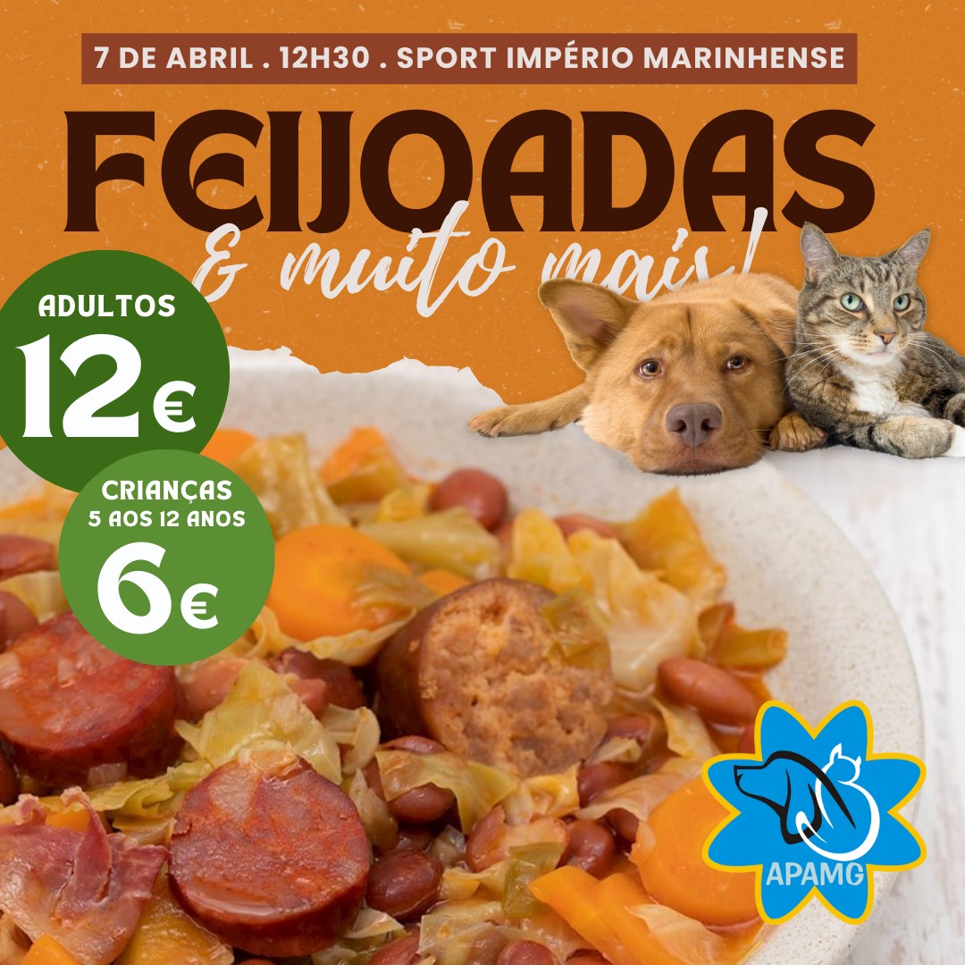 Cartaz de divulgação de uma feijoada solidária «É muito mau!», marcada para 7 de abril, às 12h30, no Sport Império Marinhense. Apresenta os preços de 12 € para adultos e 6 € para crianças dos 5 aos 12 anos, com imagens de um cão, um gato e um prato de feijoada.