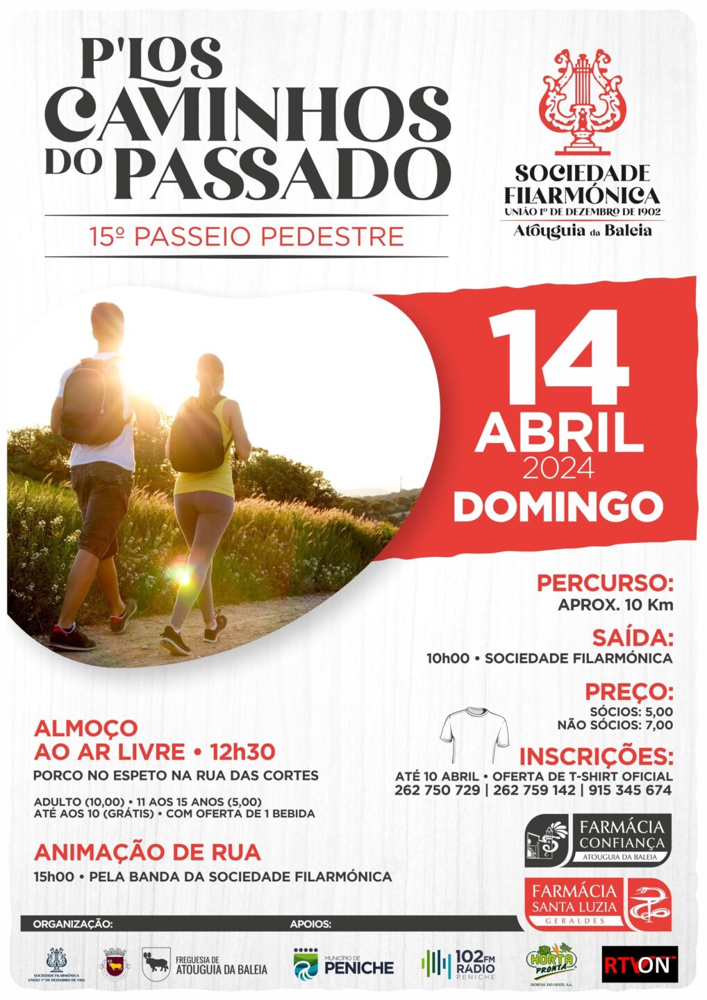 Cartaz do 15.º Passeio Pedestre «P’los Caminhos do Passado», marcado para domingo, 14 de abril de 2024, em Atouguia da Baleia. Anuncia um percurso de aproximadamente 10 km, almoço ao ar livre e animação de rua.