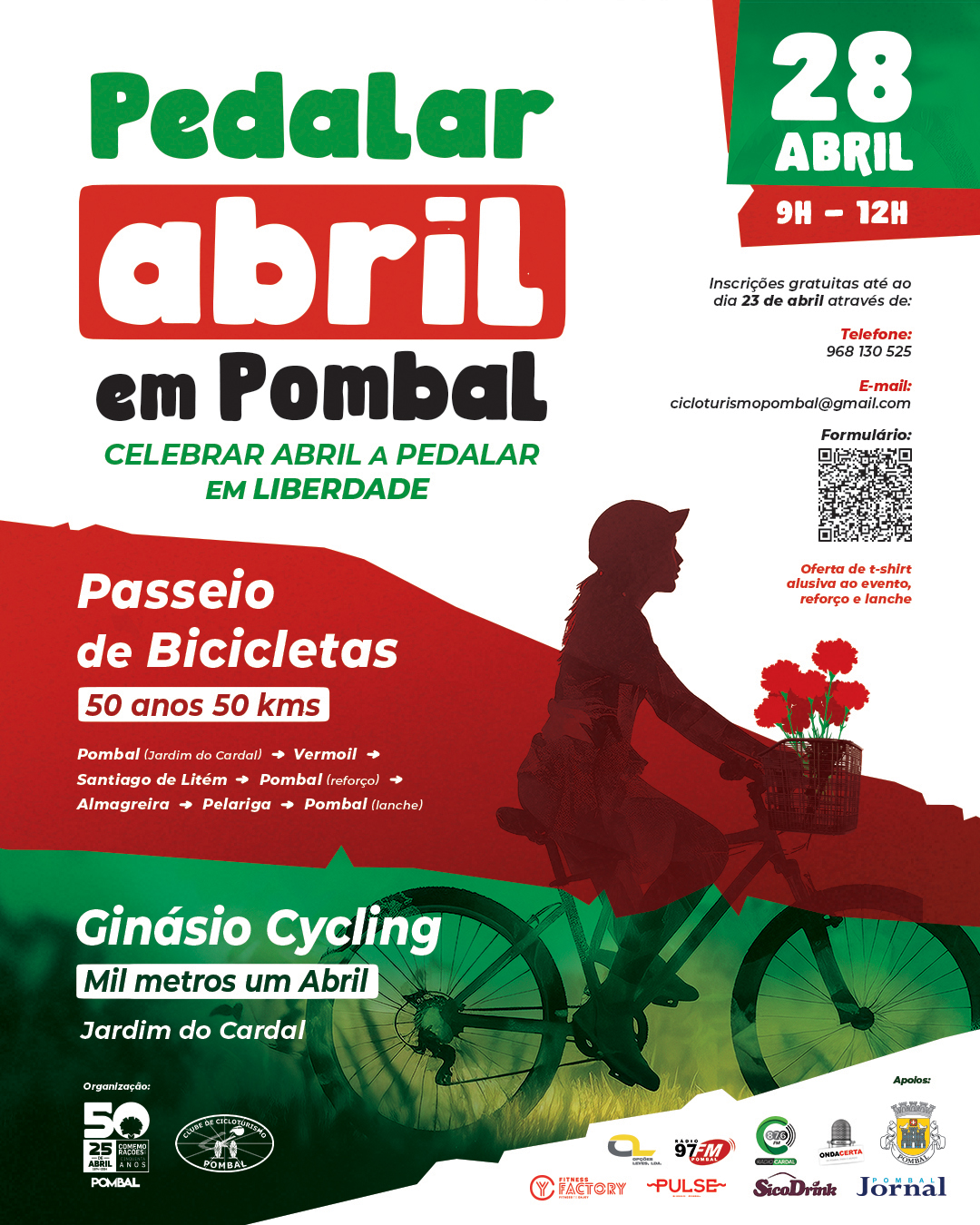 Cartaz de um evento de ciclismo em Pombal, marcado para 28 de abril, das 9h às 12h. Anuncia um passeio de bicicletas de 50 km e uma atividade de ginásio cycling no Jardim do Cardal.