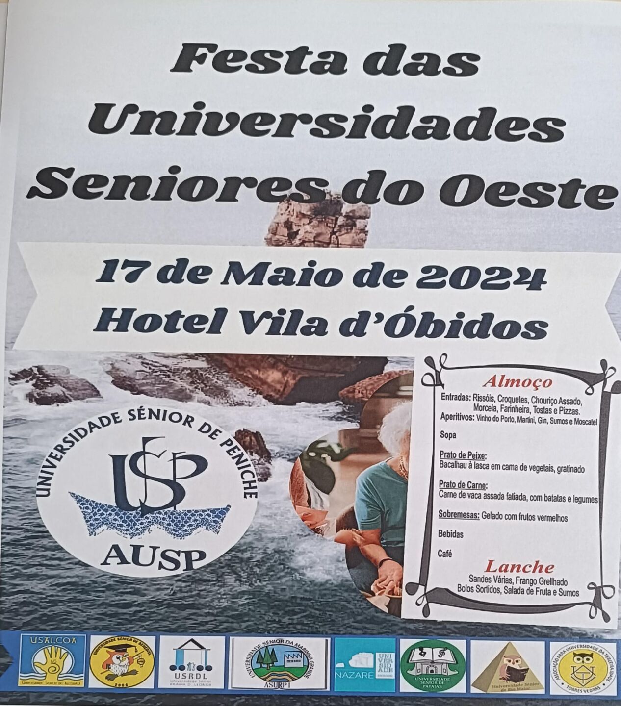 Cartaz da Festa das Universidades Seniores do Oeste, marcada para 17 de maio de 2024 no Hotel Vila d’Óbidos. Apresenta o programa de almoço e lanche e os símbolos de várias universidades seniores.