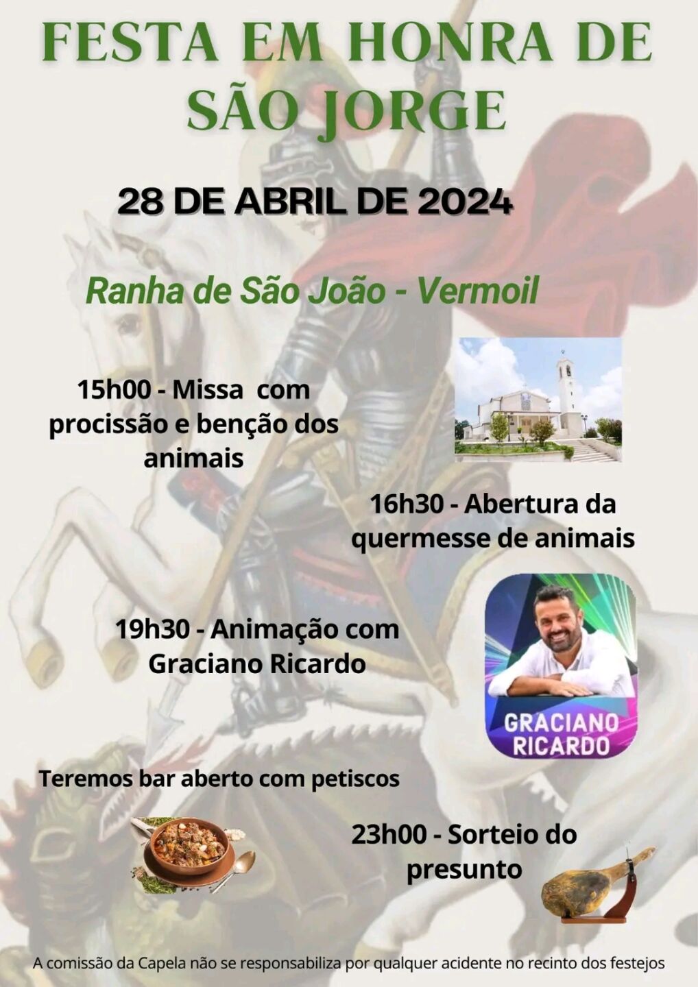 Cartaz da festa em honra de São Jorge, marcada para 28 de abril de 2024, na Ranha de São João, Vermoil. O programa anuncia missa com procissão e bênção dos animais, quermesse, animação musical e sorteio.