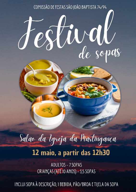 Cartaz do Festival de Sopas da Comissão de Festas de São João Baptista 74/94, no Salão da Igreja da Nardinâma, a 12 de maio a partir das 12h30. Apresenta fotografias de sopas e informações sobre preços e serviço.
