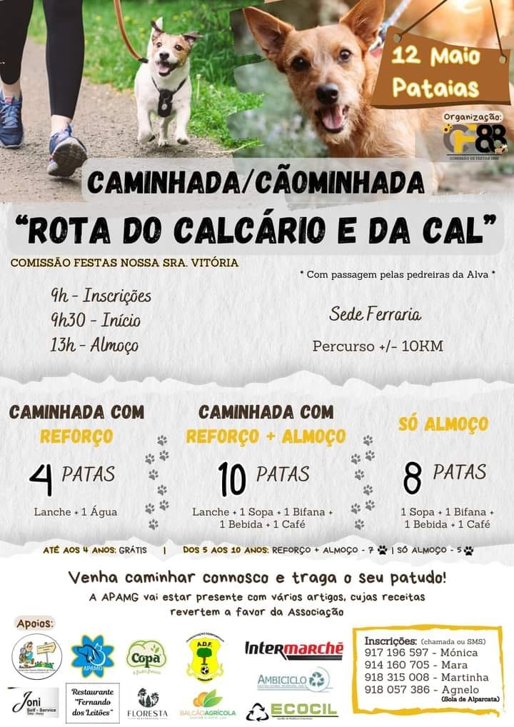 Cartaz de uma caminhada/cãominhada intitulada «Rota do Calcário e da Cal», marcada para 12 de maio, em Pataias. Apresenta horários, percurso de cerca de 10 km e modalidades de inscrição.