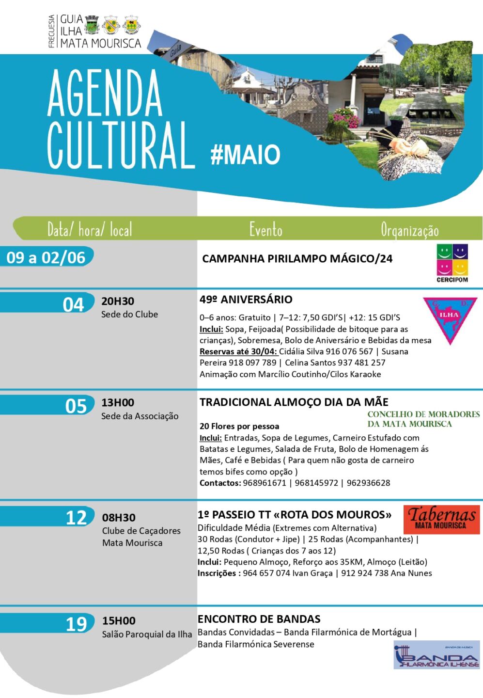 Cartaz da agenda cultural de maio da Freguesia de Guia, Ilha e Mata Mourisca. Anuncia uma campanha solidária, um aniversário, um almoço do Dia da Mãe, um passeio TT e um encontro de bandas.