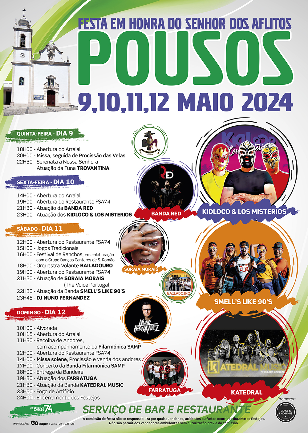 Cartaz da Festa em Honra do Senhor dos Aflitos, em Pousos, de 9 a 12 de maio de 2024. Apresenta o programa religioso e cultural, com procissões, concertos e serviço de bar e restaurante.