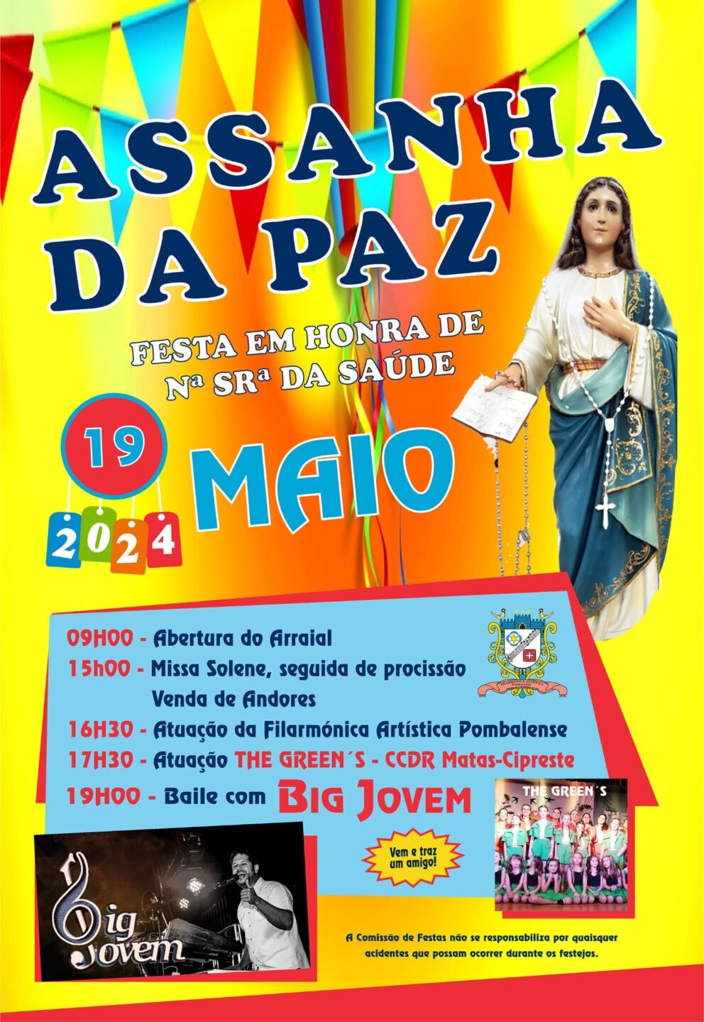 Cartaz da Festa em Honra de Nossa Senhora da Saúde, em Assanha da Paz, marcada para 19 de maio de 2024. O programa anuncia missa e procissão, atuações musicais e baile.