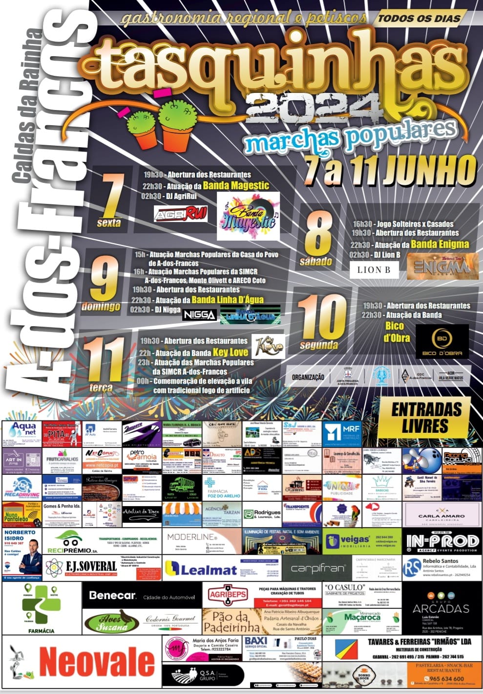 Cartaz das Tasquinhas de Águas Francas 2024, de 7 a 11 de junho. Anuncia gastronomia regional, marchas populares, música e entrada livre.
