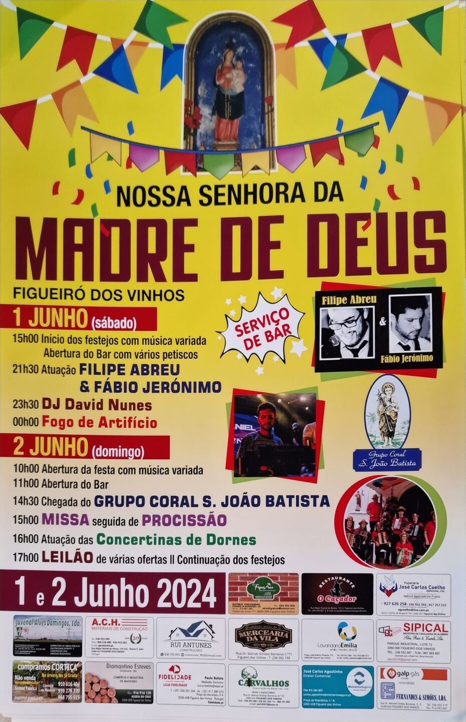 Cartaz da festa de Nossa Senhora da Madre de Deus, em Figueiró dos Vinhos, nos dias 1 e 2 de junho de 2024. O programa inclui música, missa, procissão e fogo de artifício.