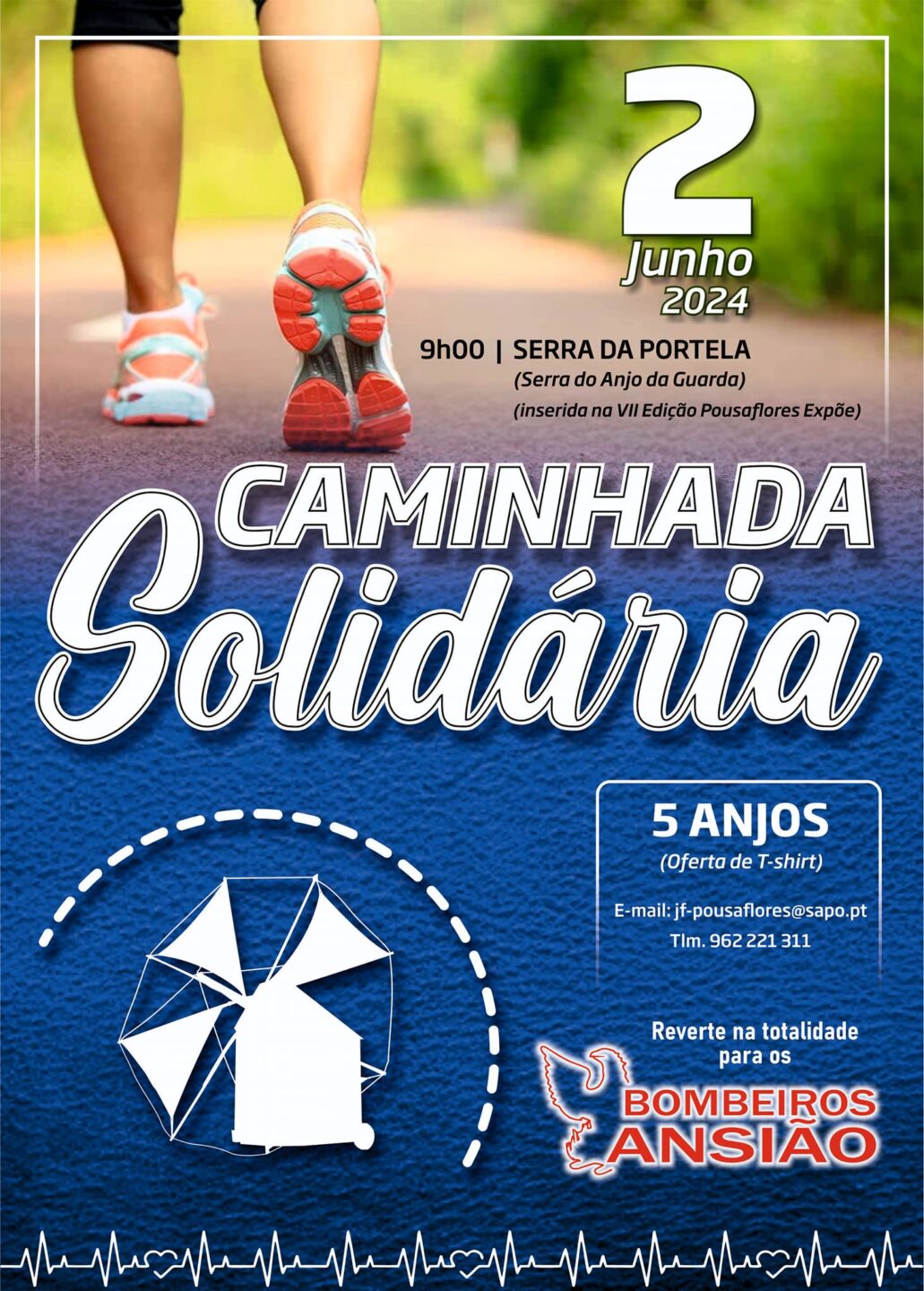 Cartaz da Caminhada Solidária, marcada para 2 de junho de 2024, às 9h00, na Serra da Portela. O cartaz anuncia um percurso de 5 anos e informa que a receita reverte na totalidade para os Bombeiros de Ansião.