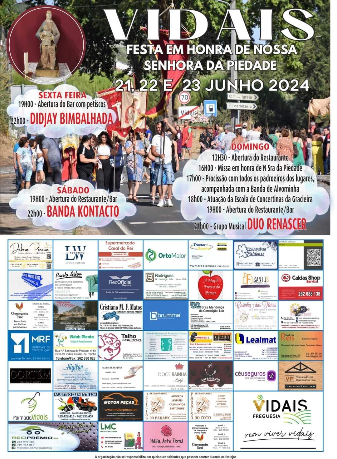 Cartaz da festa em honra de Nossa Senhora da Piedade, em Vidais, anunciada para 21, 22 e 23 de junho de 2024. Apresenta o programa religioso e musical sobre uma fotografia de uma procissão, com publicidade de patrocinadores na parte inferior.