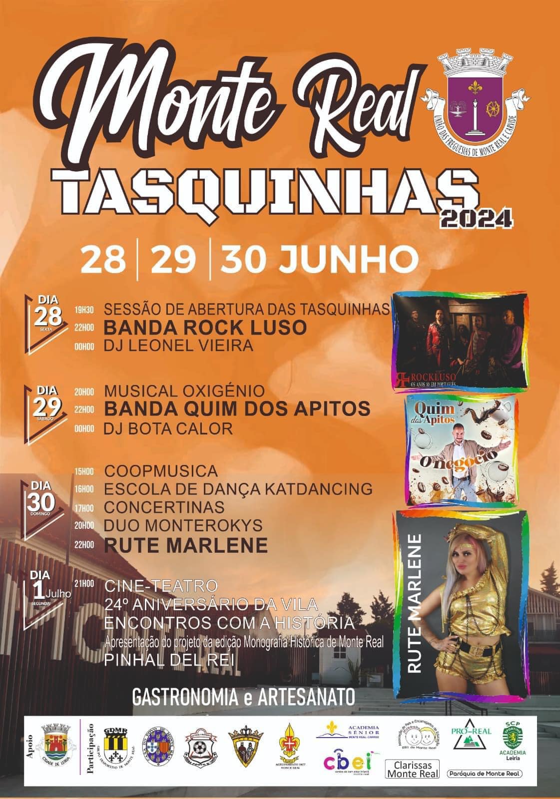 Cartaz das Tasquinhas de Monte Real 2024, com programação de 28 a 30 de junho e 1 de julho. Anuncia música, dança, gastronomia, artesanato e iniciativas sobre a história da vila.