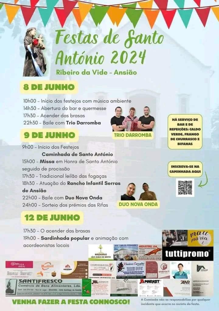 Cartaz das Festas de Santo António 2024, em Ribeiro da Vide, Ansião. Apresenta o programa de 8, 9 e 12 de junho, com música, missa, procissão e sardinhada.