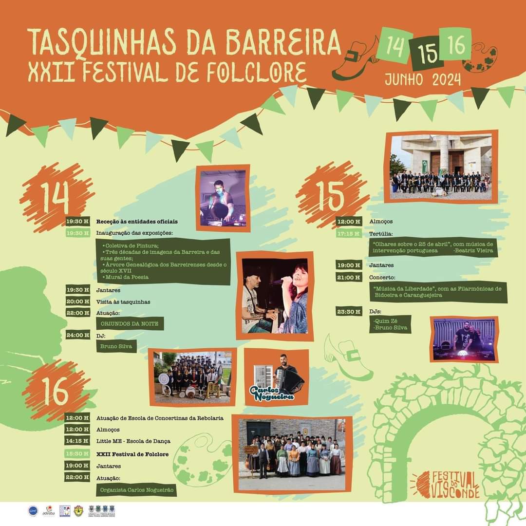 Cartaz das Tasquinhas da Barreira e do XXII Festival de Folclore, marcado para 14, 15 e 16 de junho de 2024. Apresenta horários de refeições, concertos, dança e outras atuações.