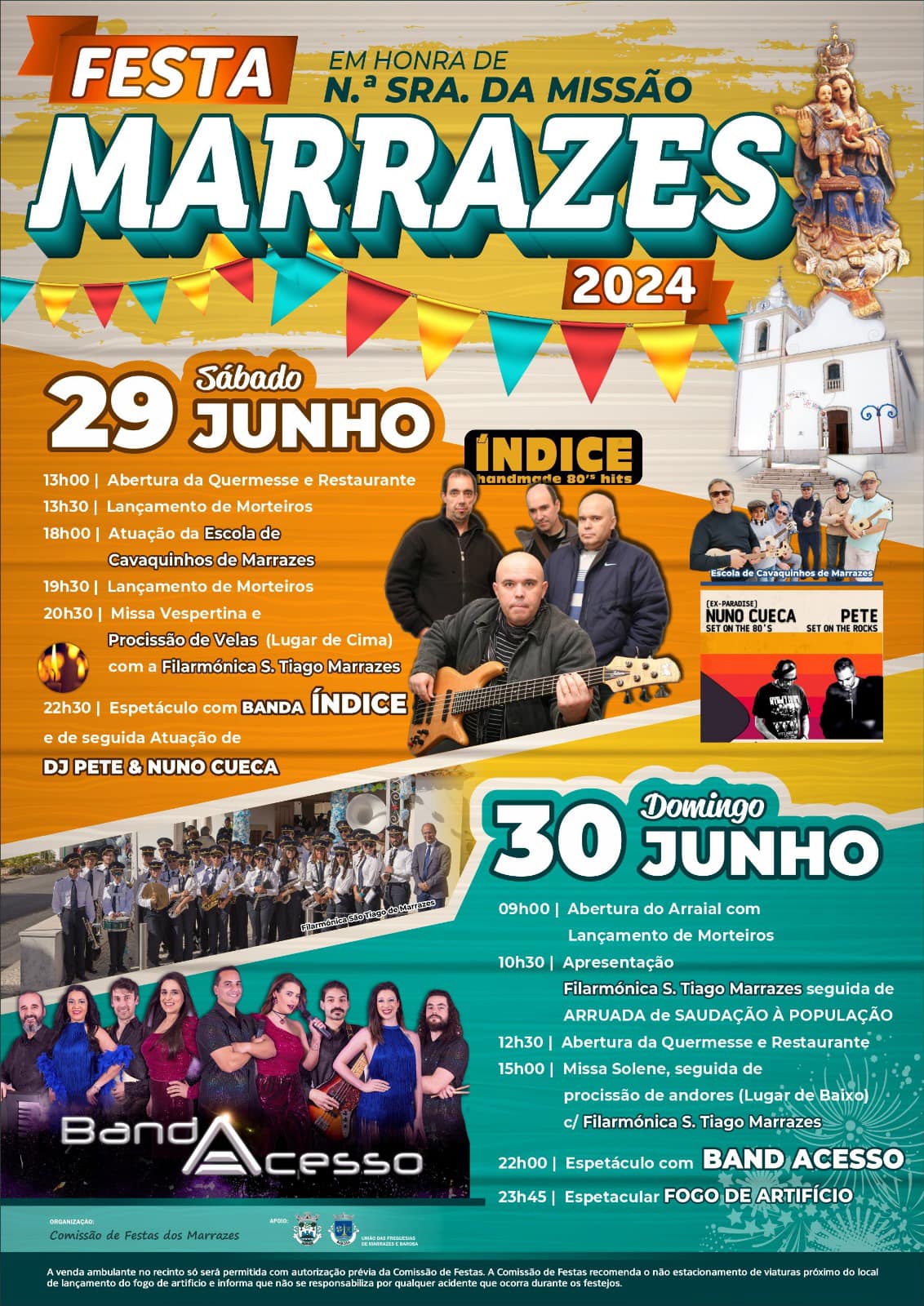 Cartaz da Festa de Marrazes 2024, em honra de Nossa Senhora da Missão, com programa para 29 e 30 de junho. Anuncia celebrações religiosas, quermesse, atuações musicais e fogo de artifício.
