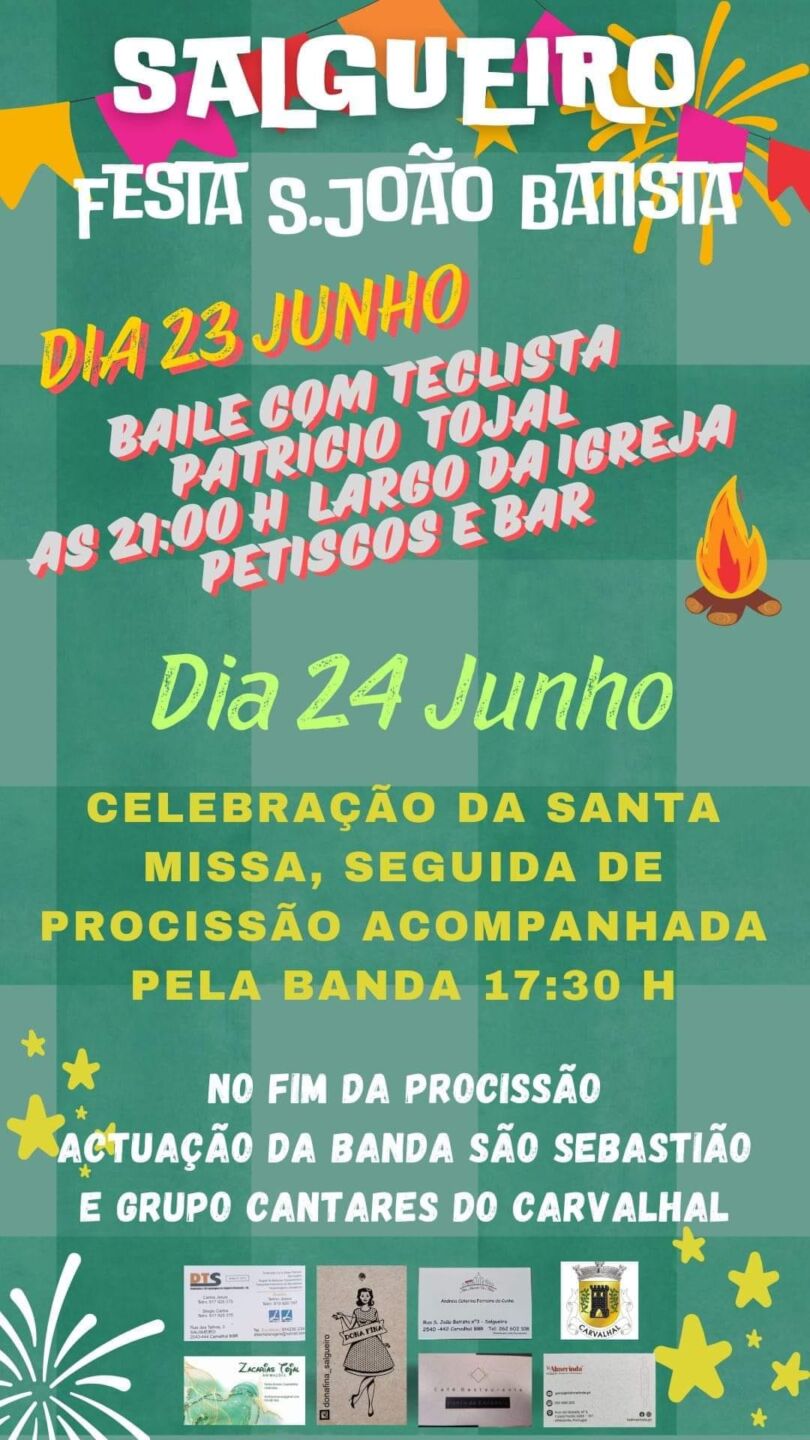 Cartaz da Festa de São João Batista, em Salgueiro, com baile no dia 23 de junho e missa, procissão e atuações musicais no dia 24. O cartaz não indica o ano.