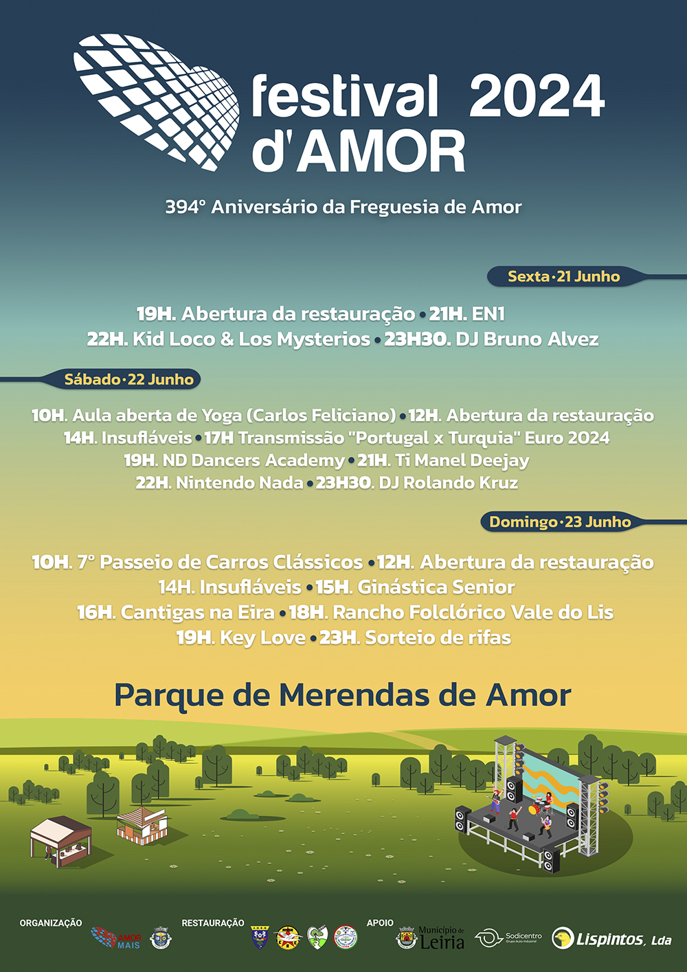 Cartaz do Festival d’Amor 2024, associado ao 394.º aniversário da Freguesia de Amor. Apresenta a programação de 21 a 23 de junho no Parque de Merendas de Amor, com música, atividades e restauração.