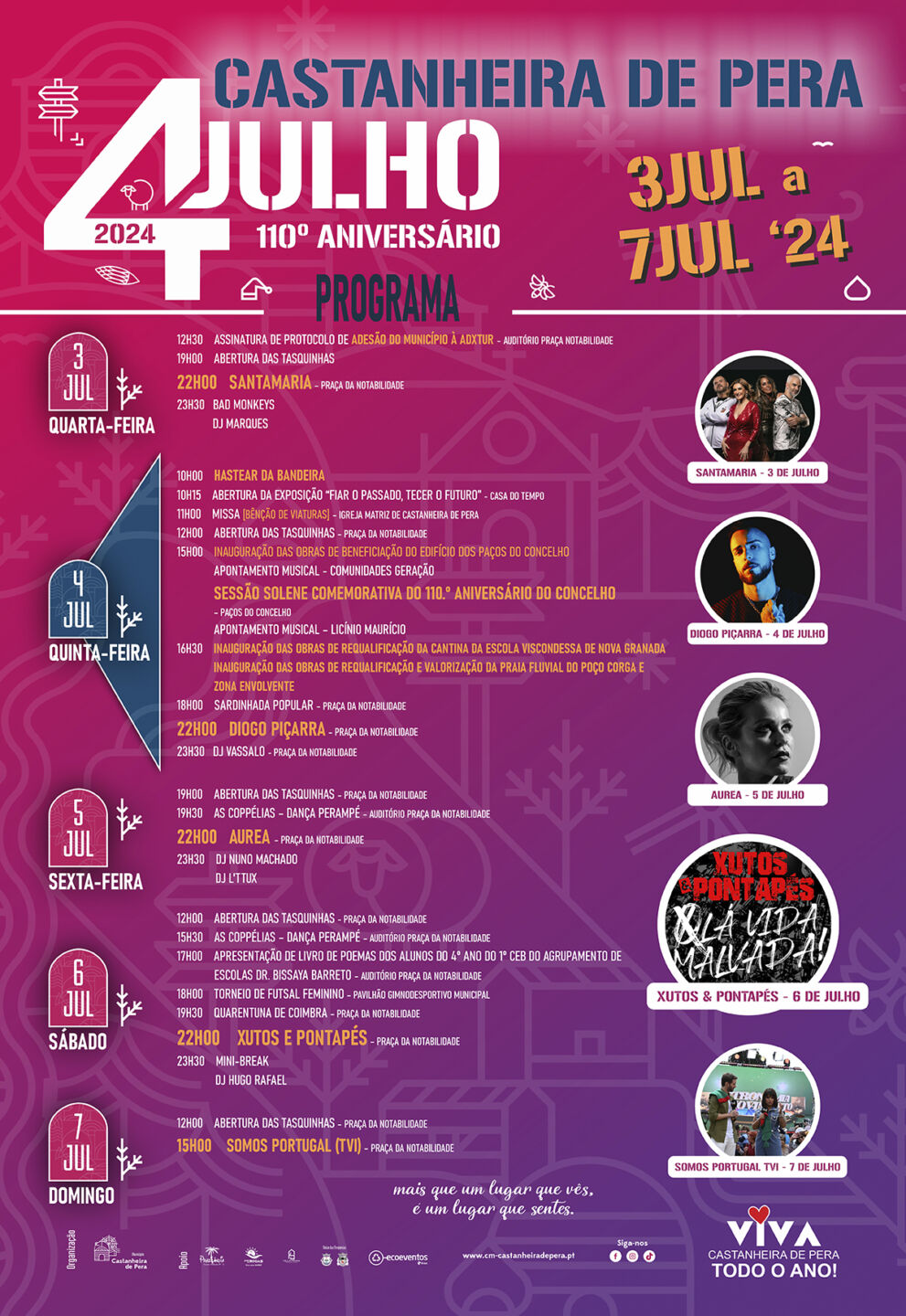 Cartaz do programa do 110.º aniversário do concelho de Castanheira de Pera, de 3 a 7 de julho de 2024. Anuncia cerimónias, atividades e concertos, incluindo atuações de Diogo Piçarra e Aurea.