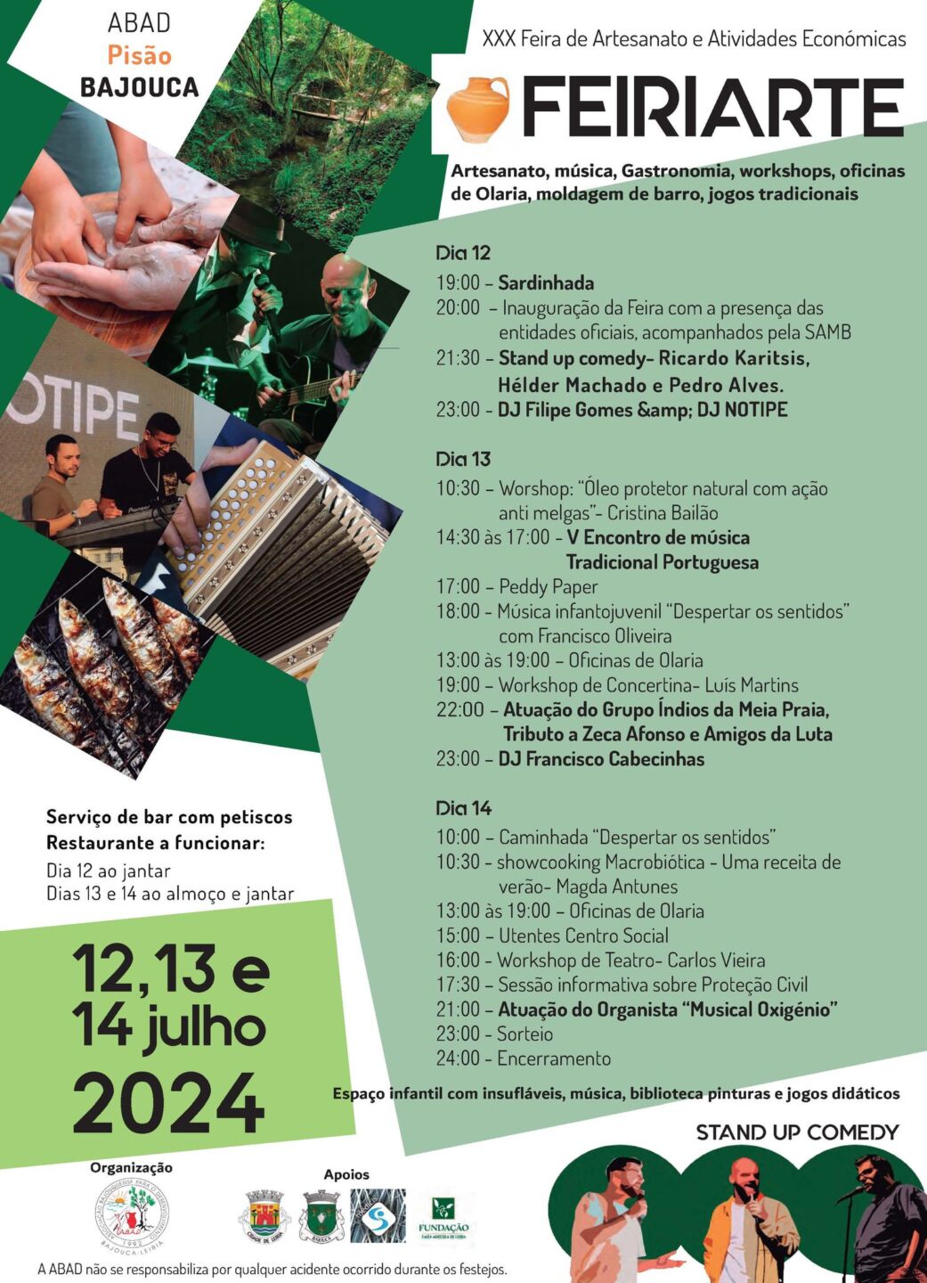 Cartaz da XXX FEIRARTE, em Bajouca, com programa para 12, 13 e 14 de julho de 2024. Anuncia artesanato, música, gastronomia, oficinas e comédia.