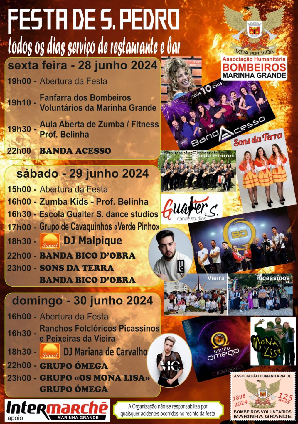 Cartaz da Festa de S. Pedro dos Bombeiros Voluntários da Marinha Grande, com programação de 28 a 30 de junho de 2024. Anuncia música, dança, folclore e serviço de restaurante e bar.