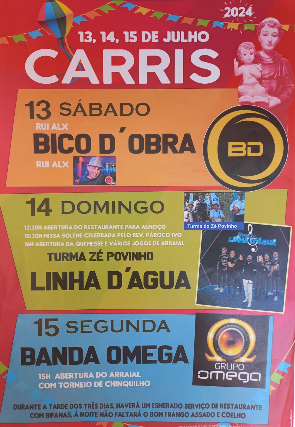 Cartaz das festas de Carris, anunciadas para 13, 14 e 15 de julho de 2024. O programa inclui música, missa solene, jogos de arraial e serviço de restaurante.