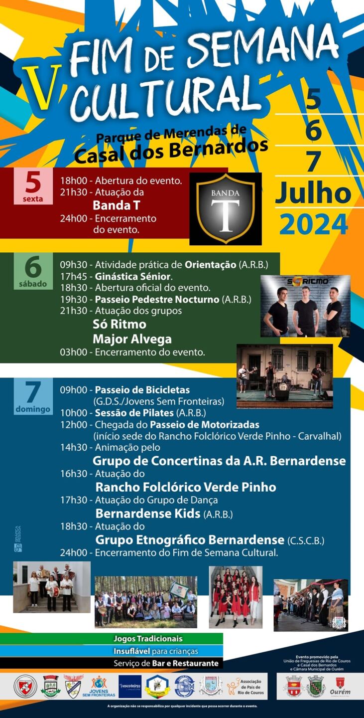 Cartaz do Fim de Semana Cultural no Parque de Merendas de Casal dos Bernardos, de 5 a 7 de julho de 2024. O programa inclui música, dança, atividades desportivas, jogos tradicionais e gastronomia.