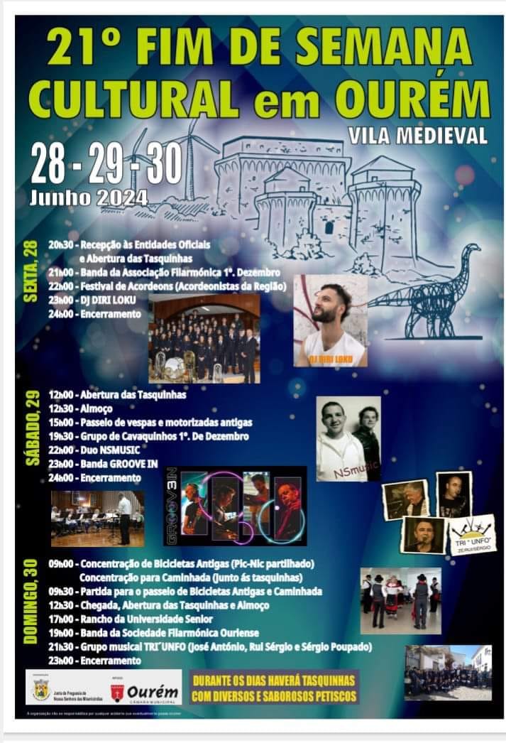 Cartaz do 21.º Fim de Semana Cultural em Ourém, na Vila Medieval, de 28 a 30 de junho de 2024. Apresenta o programa de música, tasquinhas, passeio de bicicletas antigas e caminhada.
