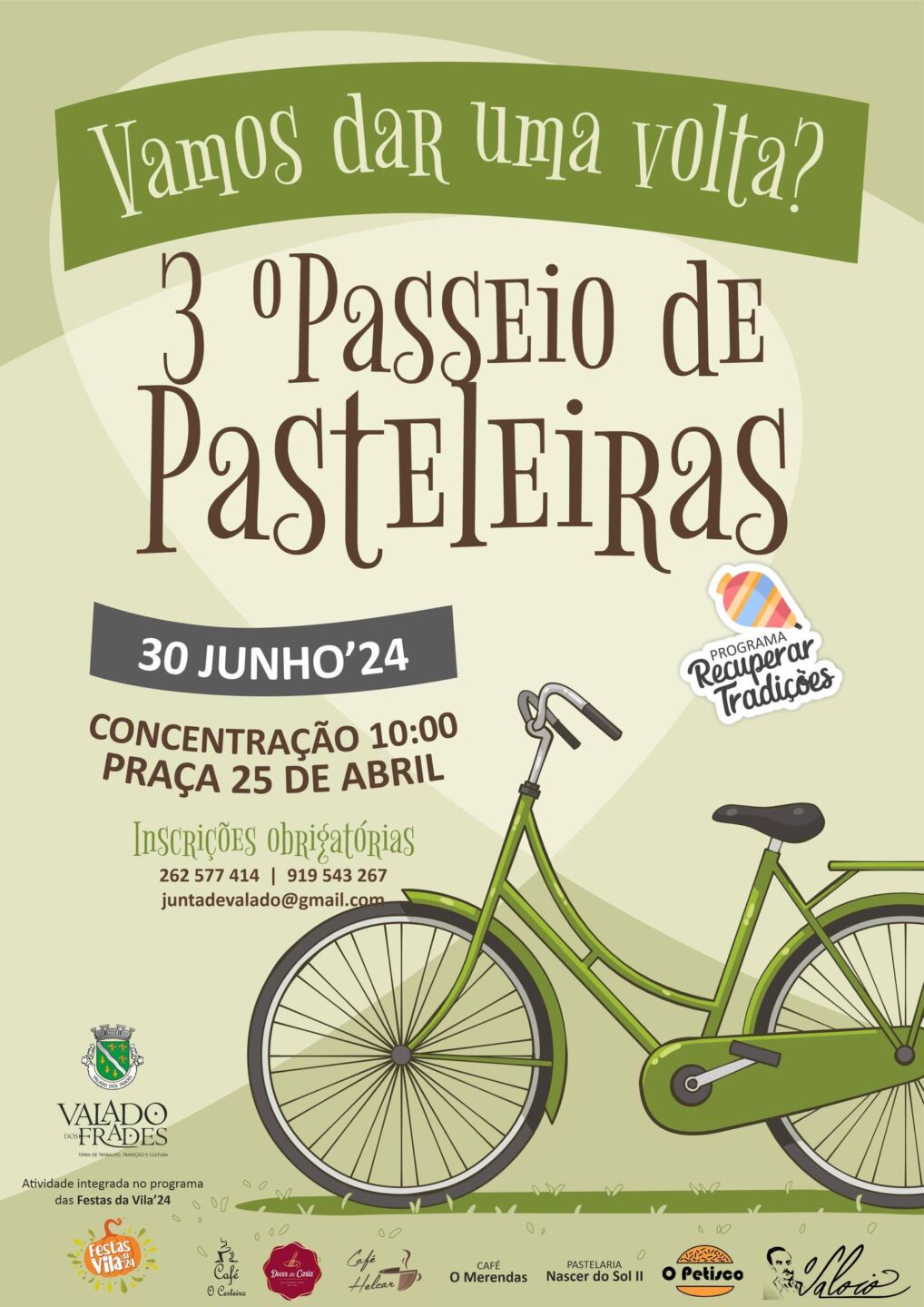 Cartaz do 3.º Passeio de Pasteleiras, marcado para 30 de junho de 2024, com concentração às 10:00 na Praça 25 de Abril. A ilustração mostra uma bicicleta verde e o cartaz indica inscrição obrigatória.
